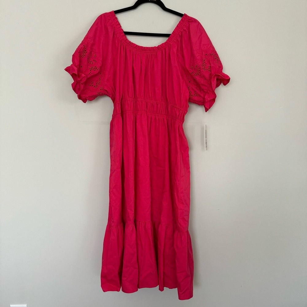 Nanette Lepore Pink Midi Dress Eyelet Puff Sleeve Tiered Womens Size 16 - Picture 2 of 7